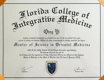 Florida College of Integrative Medicine diploma for Dr. Qing Yi
