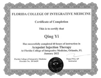 Acupuncture Injection Therapy certification for Dr. Yi