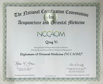 NCCAOM Board Certification for Dr. Qing Yi in acupuncture and Chinese herbal medicine