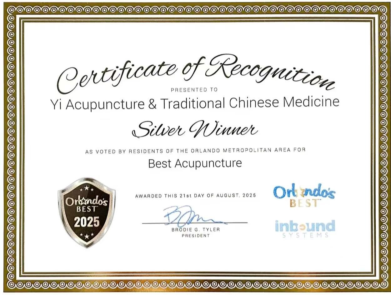 Orlando's Best 2025 Silver Winner Certificate for Best Acupuncture - Yi Acupuncture & TCM