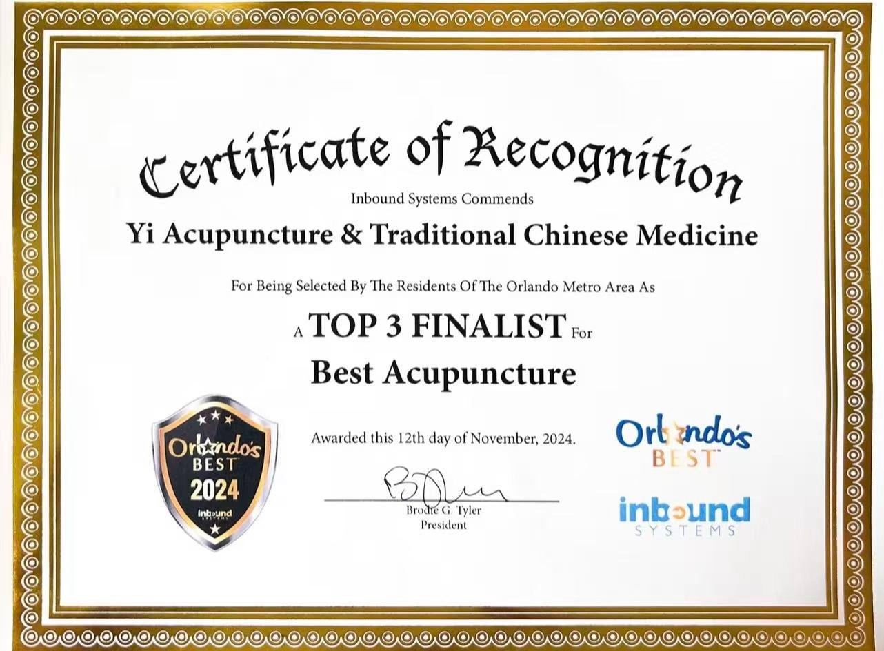 Orlando's Best Acupuncturist 2024 Certificate for Dr. Qing Yi